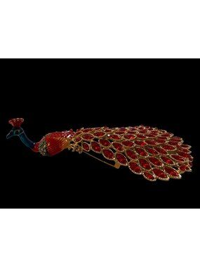 Enamel Peacock Statement Brooch  Red Rhinestones Gold-Tone Accents  55.1g gift